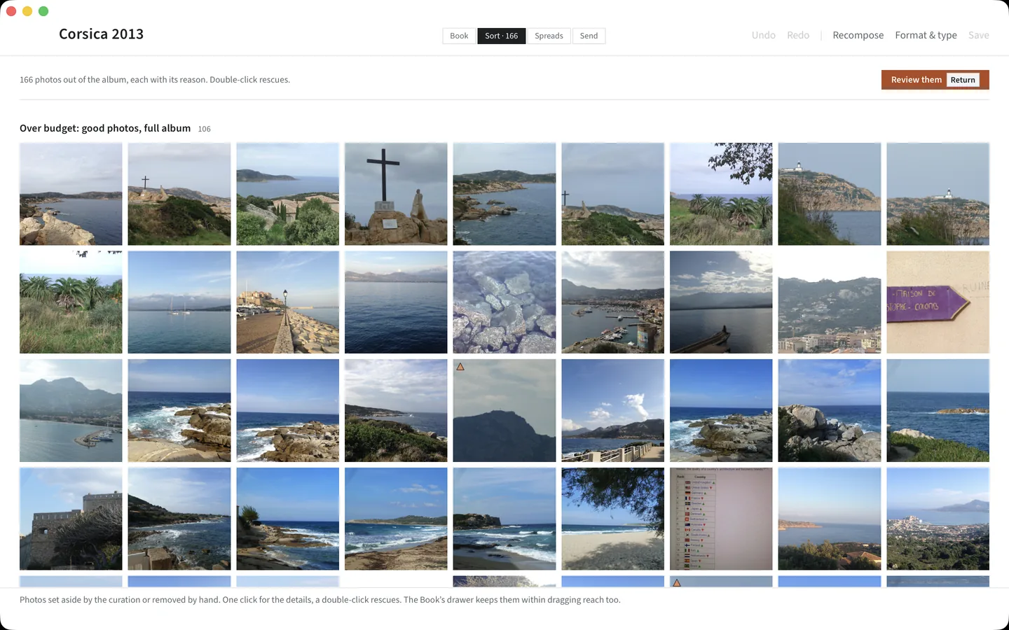 The Sort view: 166 discarded photos with their reason, starting with the good photos that did not fit the book, and the button to review them one by one.